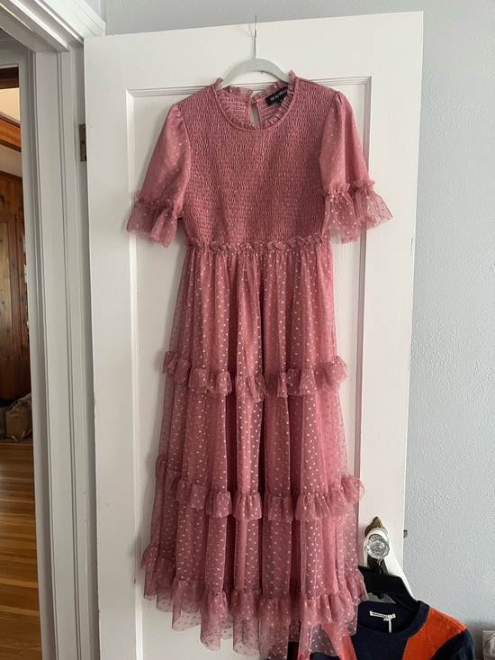 Deauville Dresses & Skirts - Smocked Pink Polka Dot Midi Dress with Ruffle Tiers